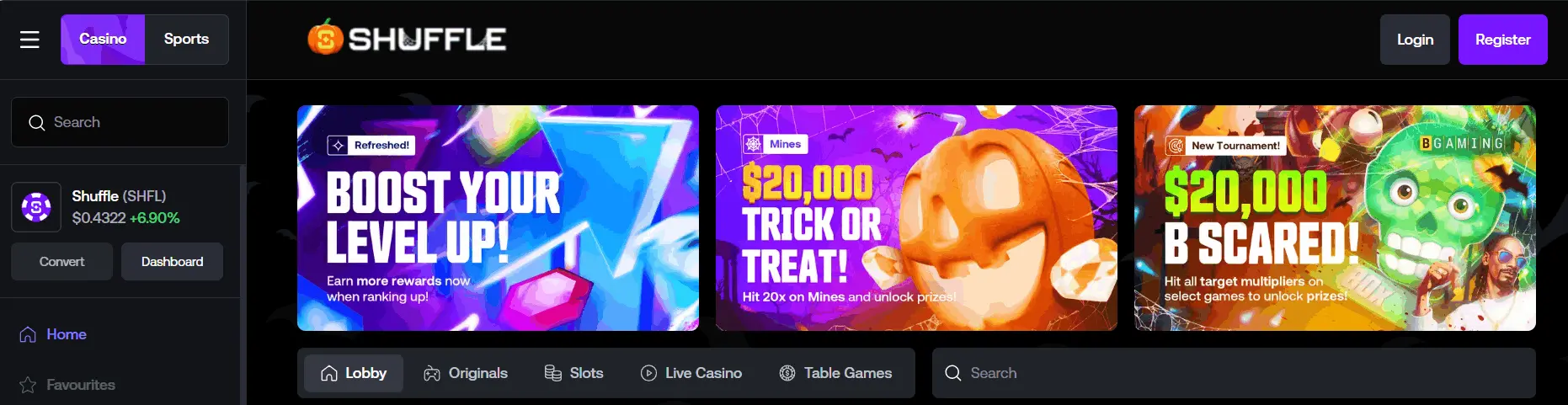 Interface de Shuffle Casino