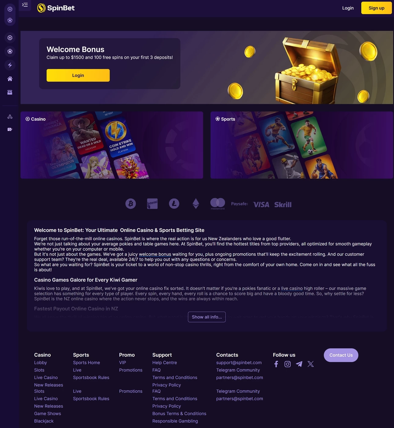 SpinBet Casino dashboard showing games and bonuses
