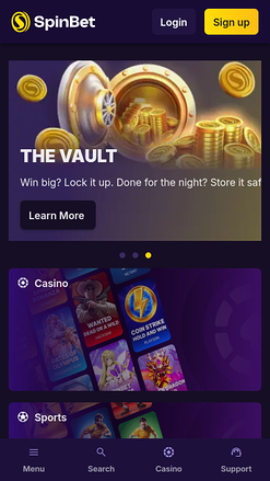 Screenshot of the SpinBet app homepage on a mobile device, showing game categories and promotions