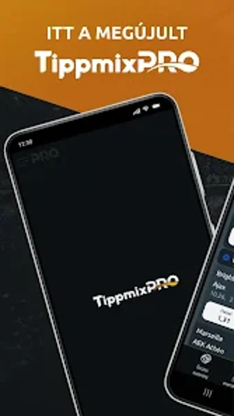 Képernyőkép a Tippmixpro app főképernyőjéről, megjelenítve az élő fogadási lehetőségeket és a navigációs menüt