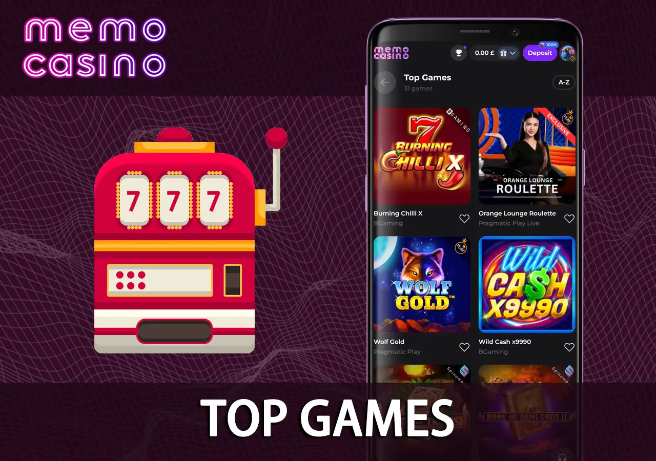 Memo Casino homepage interface showcasing game lobby