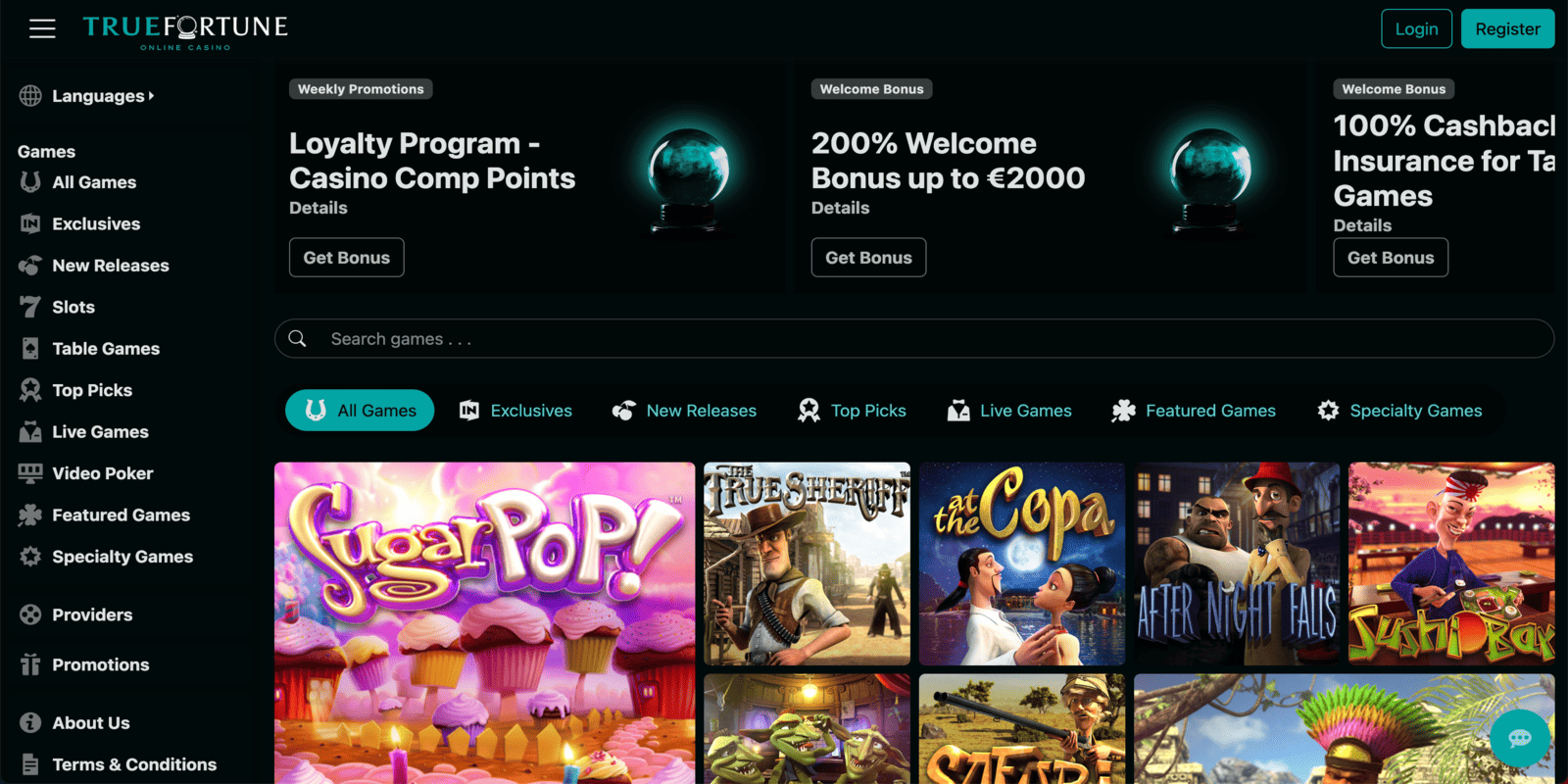 True Fortune Casino game lobby interface showing slots and navigation