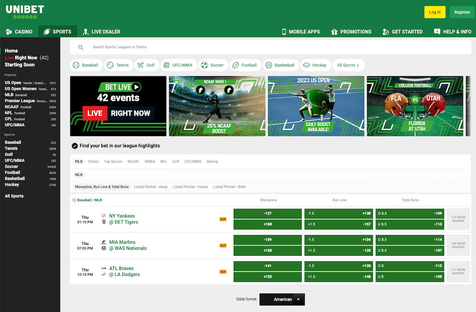 Skjermbilde av Unibet sportsspill-plattform som viser livodds og kampoversikt.