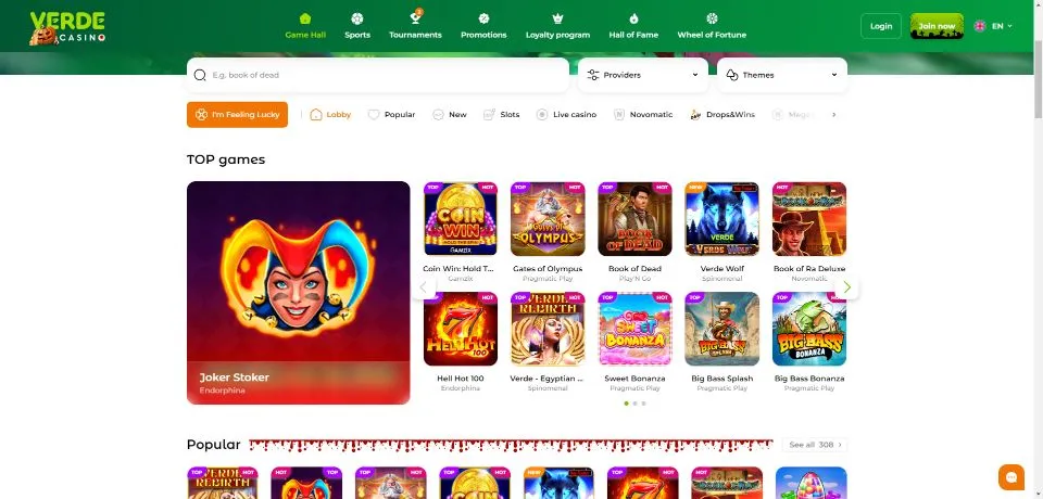 Lobby dei giochi di Verde Casino con slot e tavoli da gioco