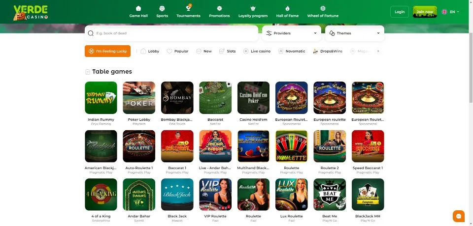 Verde Casino Tischspiele Screenshot