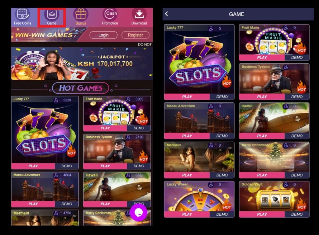 Schermata della lobby di WinCasino su dispositivo mobile e desktop, che mostra la varietà di slot e giochi dal vivo.