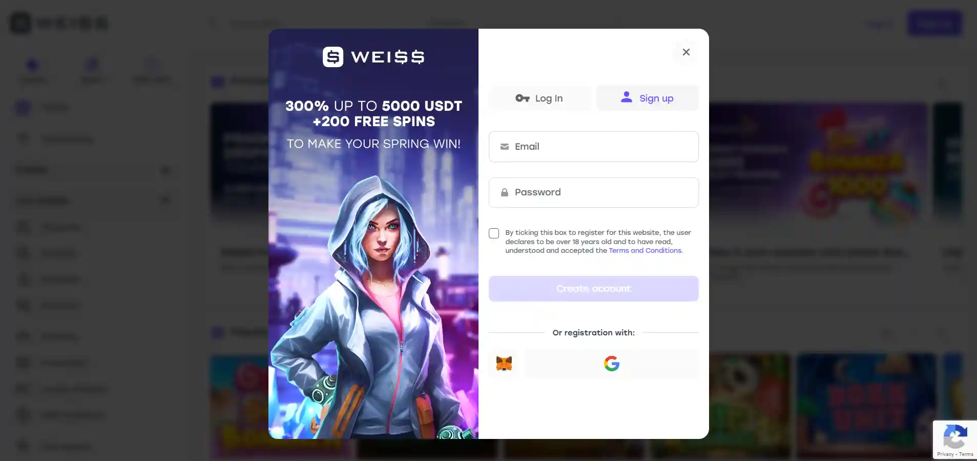 Weiss Casino regisztrációs űrlap képernyőképe, ahol meg kell adni az e-mail címet, jelszót és személyes adatokat.