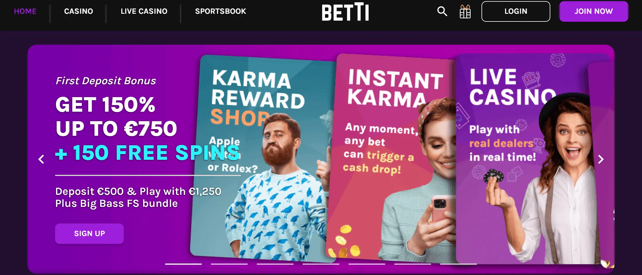 Screenshot of the Betti Casino homepage interface showcasing game lobby and promotions